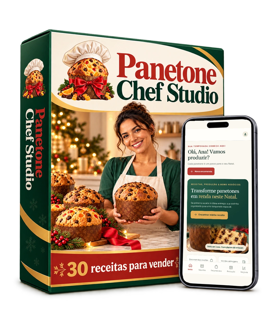 Caixa do produto Panetone Chef Studio com o aplicativo no celular