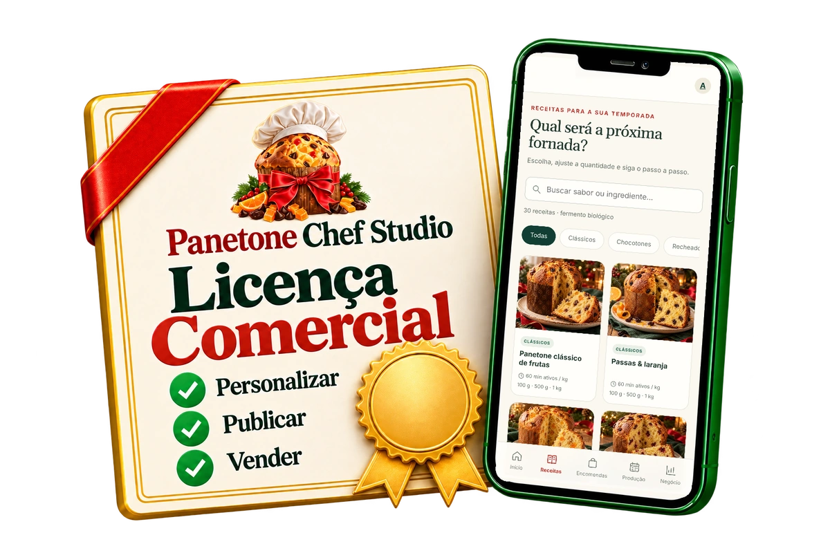 Certificado de licença comercial do Panetone Chef Studio ao lado do aplicativo no celular
