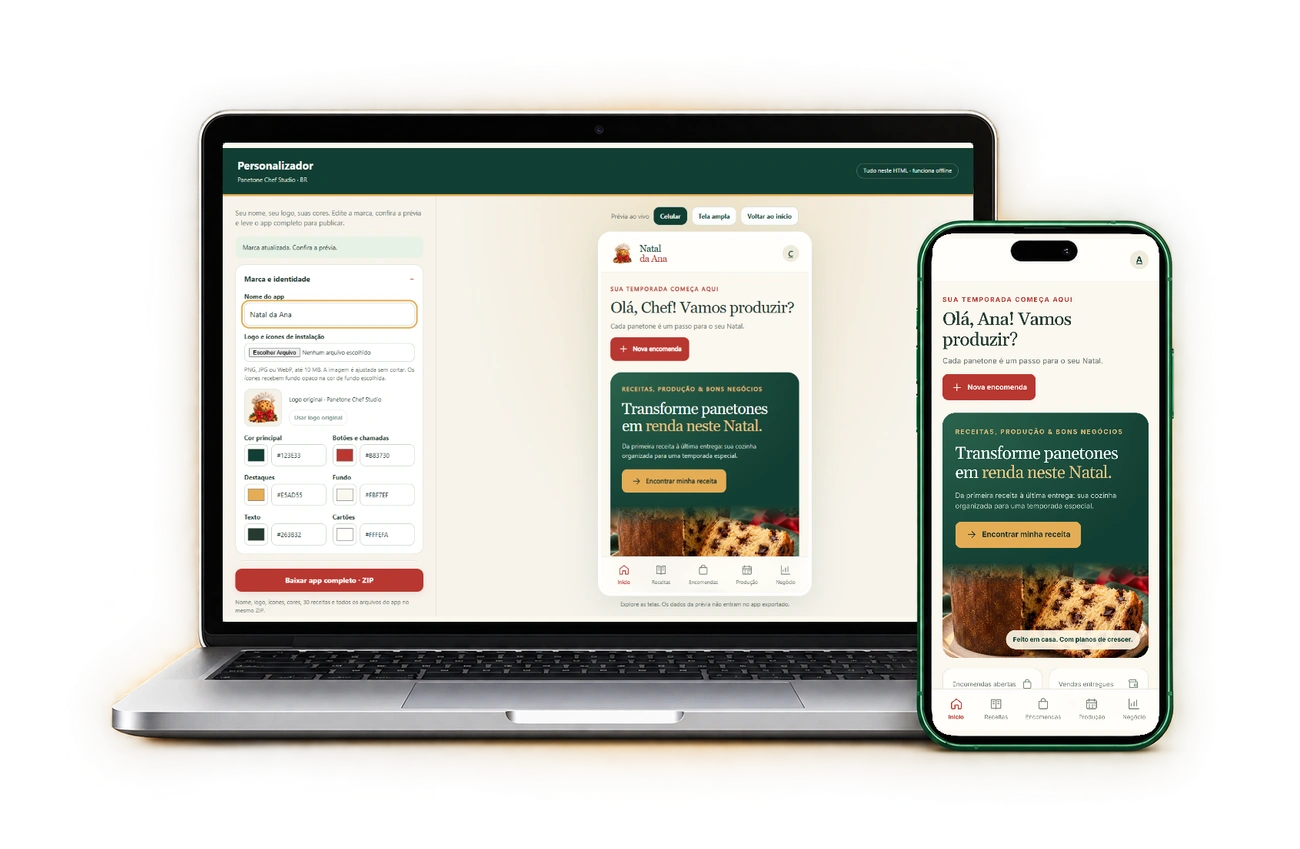 Personalizador do Panetone Chef Studio no notebook e o aplicativo com a sua marca no celular