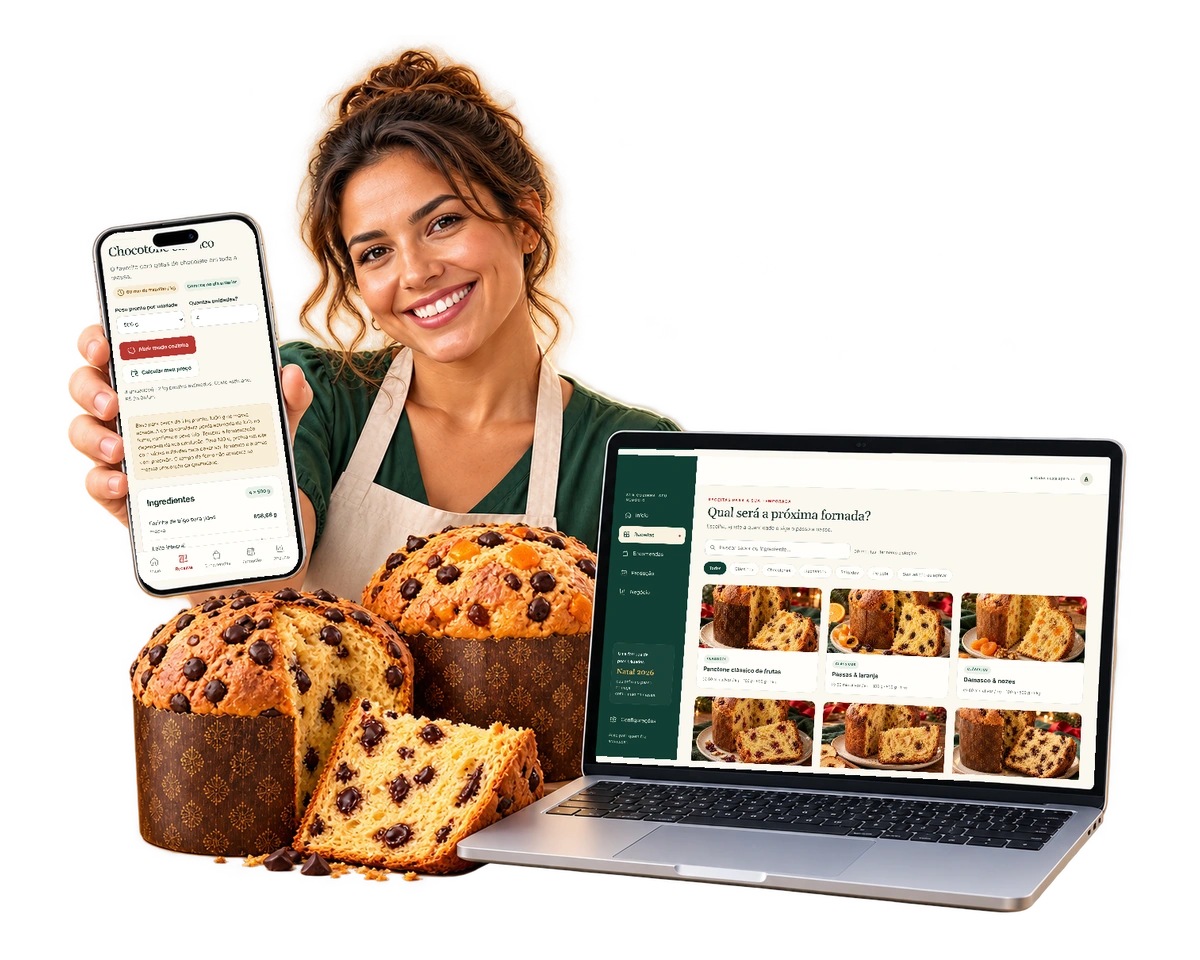 Confeiteira usando o Panetone Chef Studio no celular e no notebook