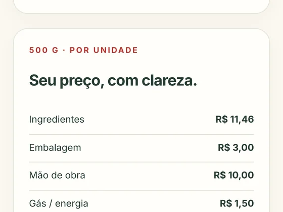 Tela real: Custos e preço